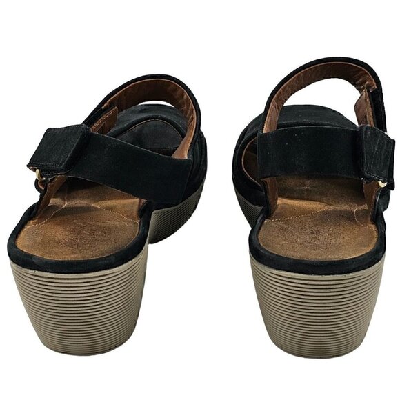 CLARKS Black Suede Hook and Loop Open Toe Sling Back Wedge Platform Sandals 9M - Picture 5 of 9